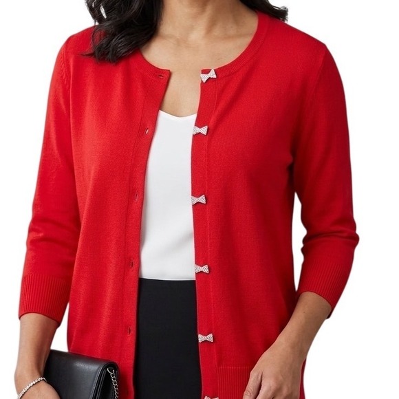 Cable & Gauge Sweaters - Cable & Gauge Womens Red Cardigan Rhinestone Bow Button 3/4 Sleeve Sweater Small